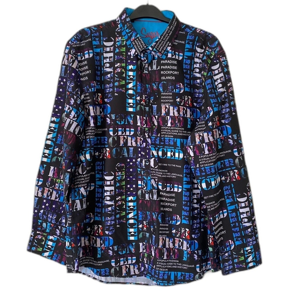SUGAR Men's Button Down Shirt 2XL Colorful  Long Sleeve Flip‎ Cuff Multicolor